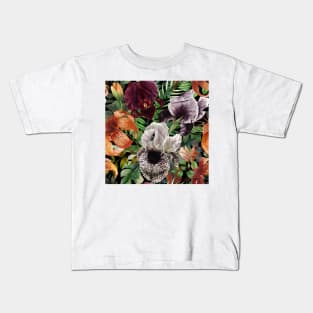 Tropical vibrant flowers and leaves watercolor illustration. Iris flower, Lily flower. Dark jungle. Exotic floral seamless pattern Kids T-Shirt